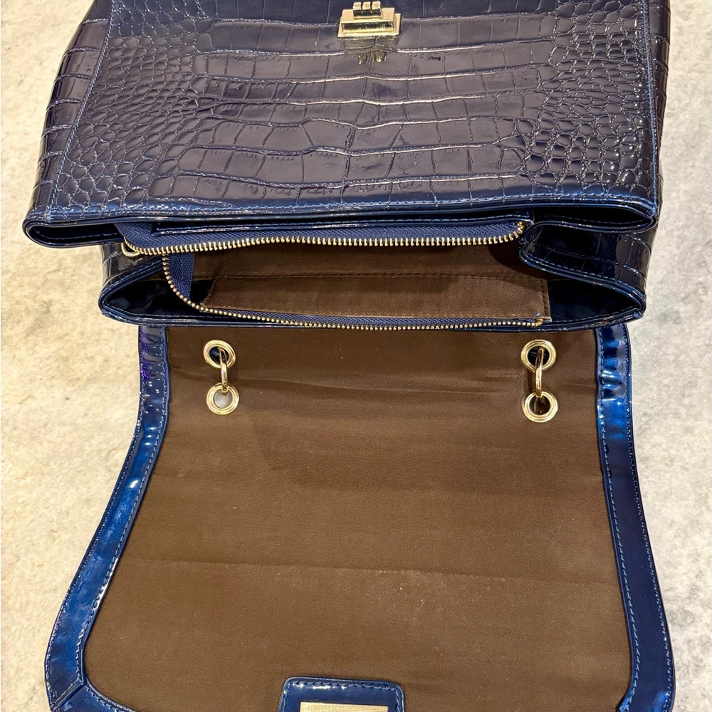 Blue Croc Embossed Satchel with Gold-Tone Hardware - Picture 14 of 16